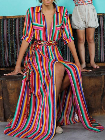 Bohemia Striped Shirt Maxi Dress