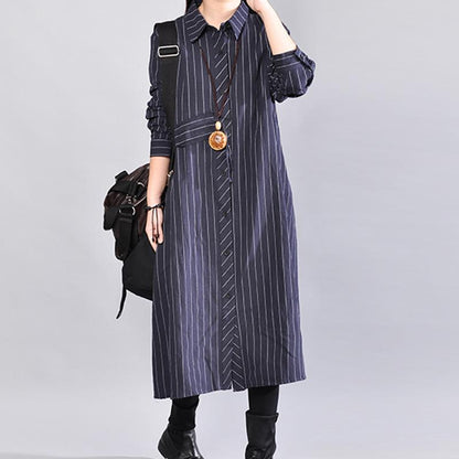 Navy Blue Stripe Cotton  Linen Stand Collar Women Long Shirt