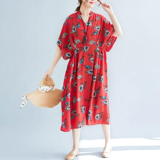 V Neck Loose Plus Size Printed Chiffon Dress