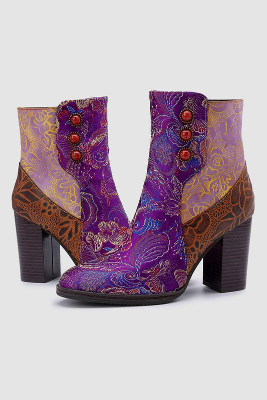 Retro Vintage Printed Leather Block High Heels Ankle Boots