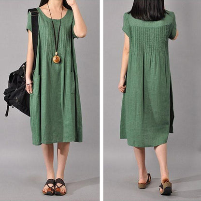 Women Cotton Linen Loose Fitting Dress in Green-Size M,L,XL,2XL