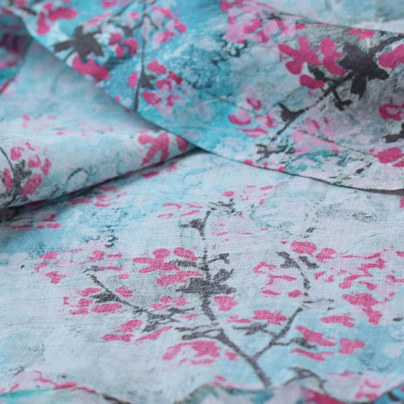 Retro V Neck Short Sleeve Printed Ramie Dress