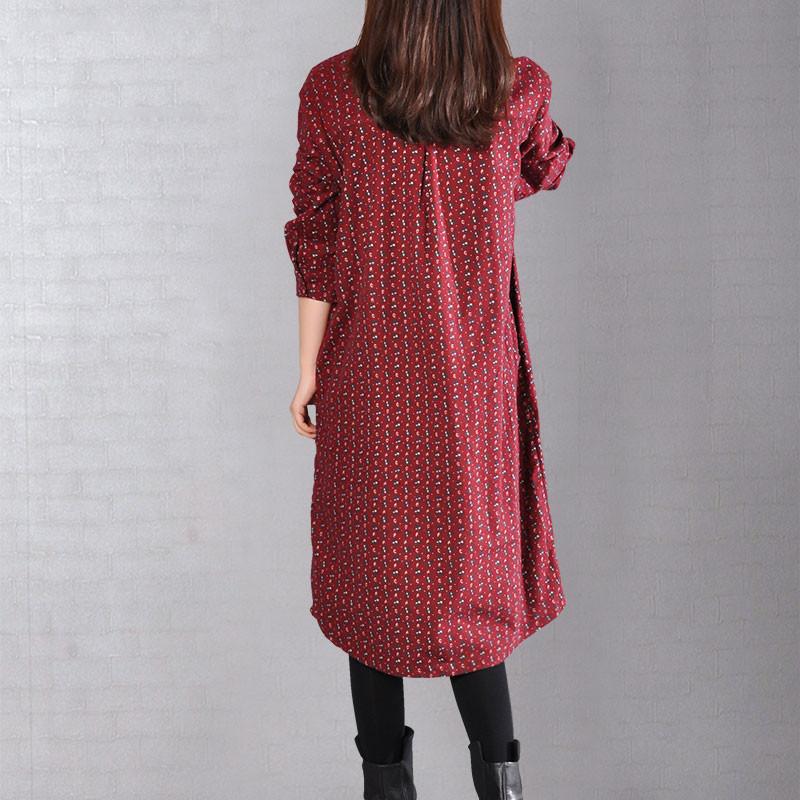 Casual Women Printed Cotton Polyester Dark Red Dress