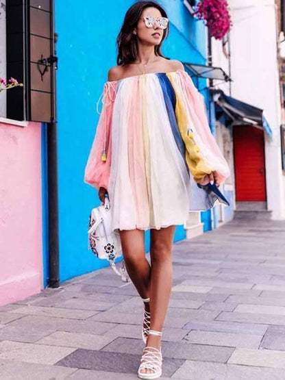 Striped Off-the-shoulder Puff Sleeves Mini Dress