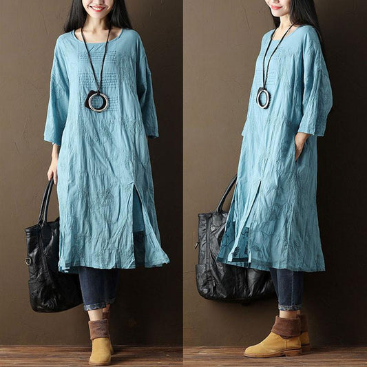 Embroidered Cotton Women Casual Blue Dress