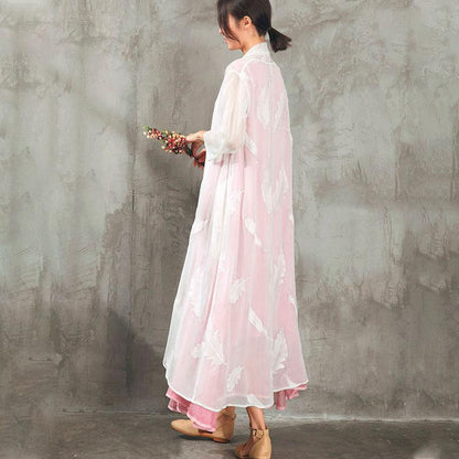 Women Feather Embroidery White Cardigan Thin Coat