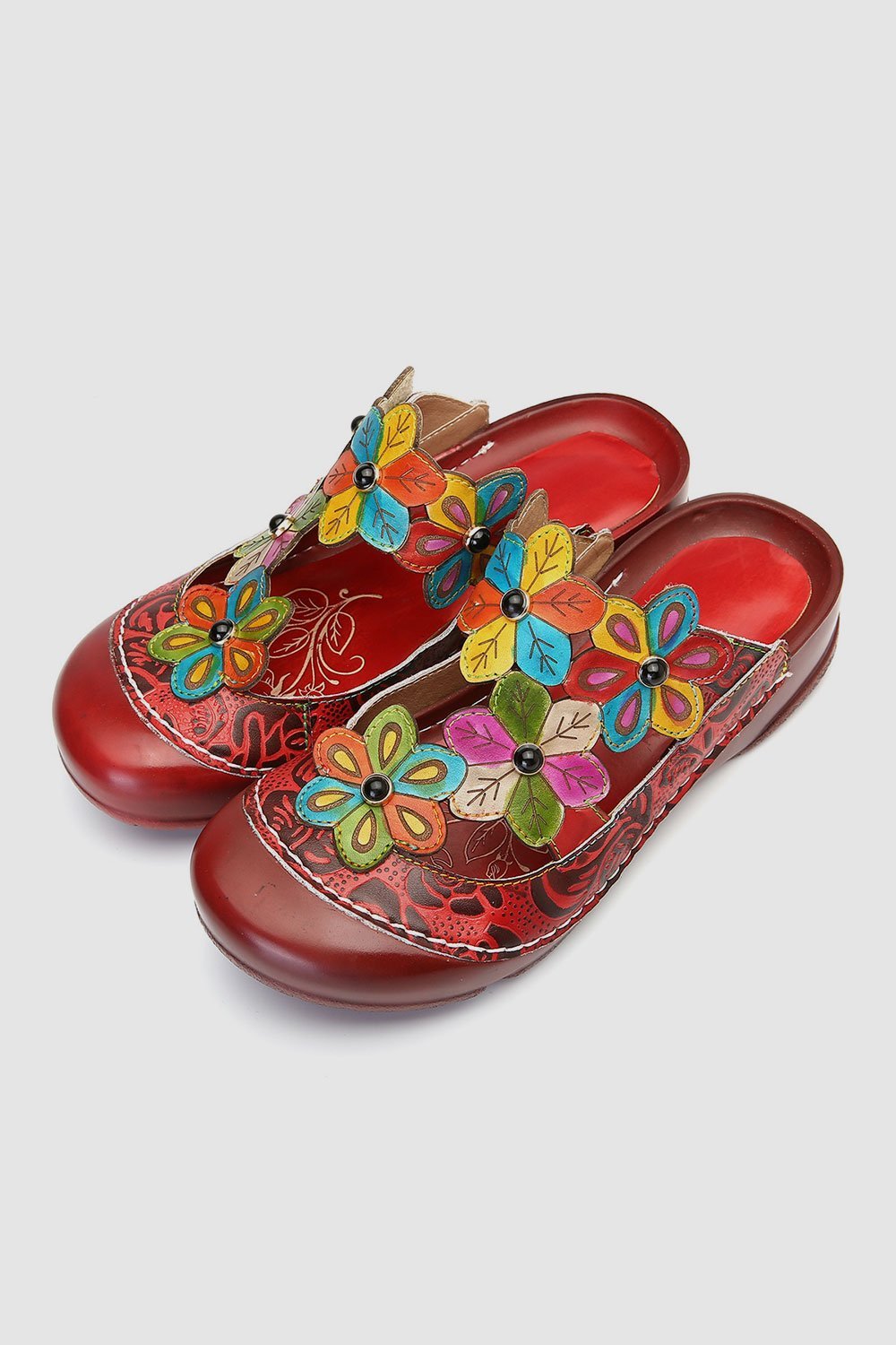Retro Flower Pattern Handmade Leather Flat Round Head Comfortable Casual Sandals