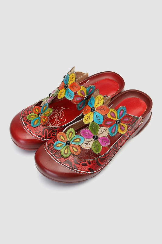 Retro Flower Pattern Handmade Leather Flat Round Head Comfortable Casual Sandals