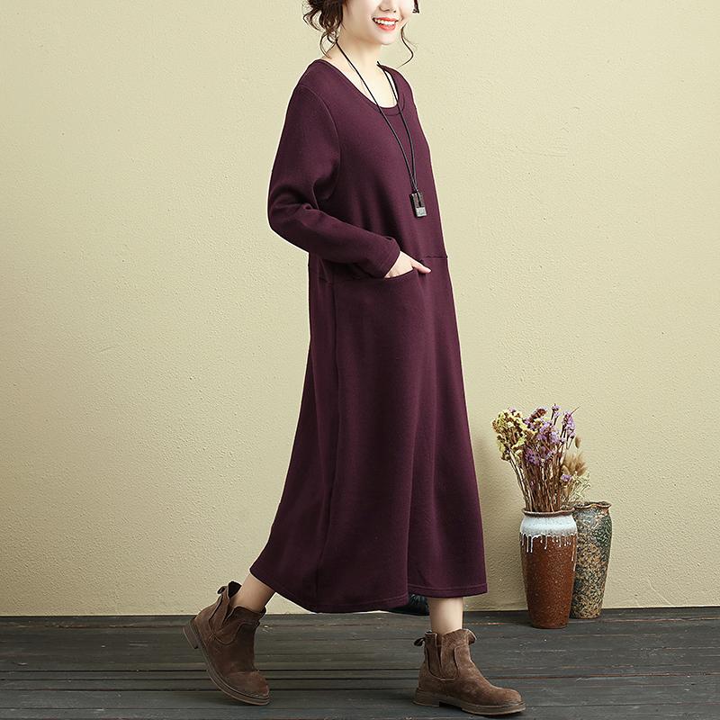 Women Long Sleeve Pockets Wine Red Casual Dress
