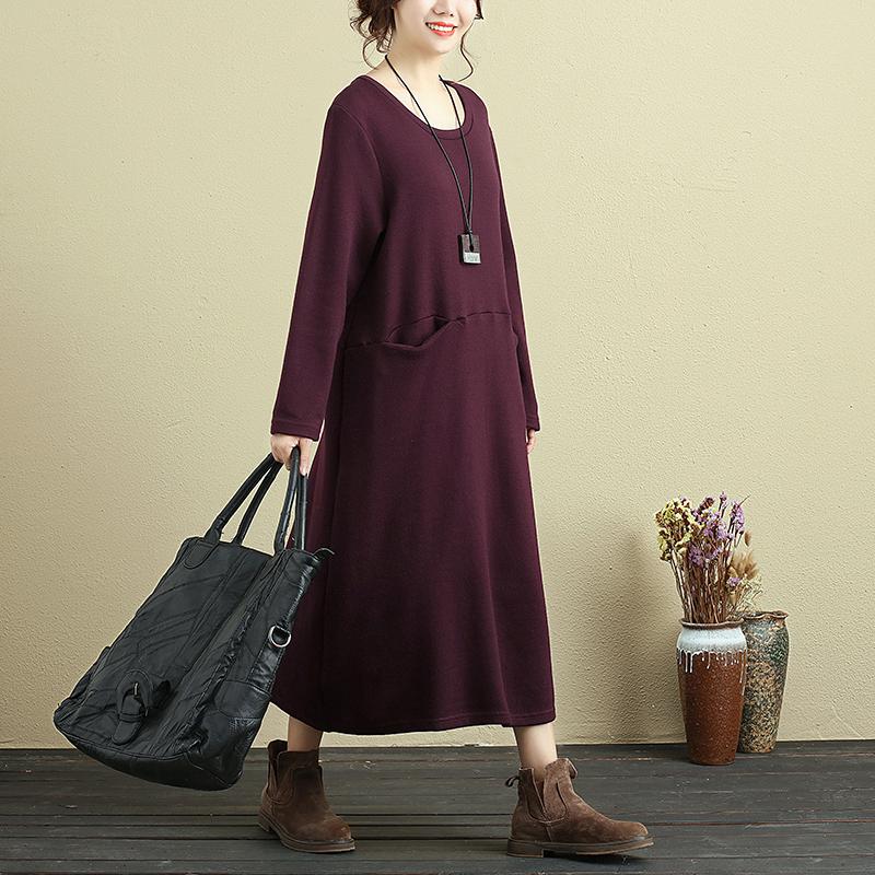 Women Long Sleeve Pockets Wine Red Casual Dress