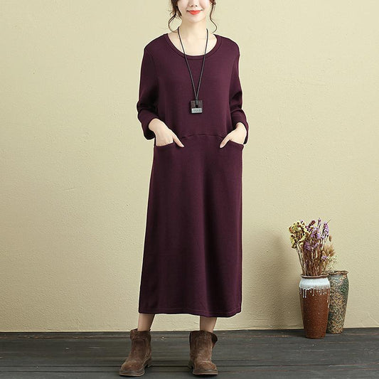 Women Long Sleeve Pockets Wine Red Casual Dress
