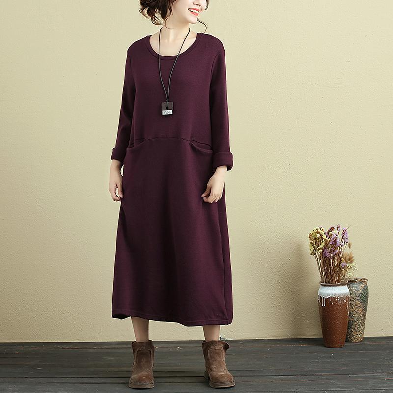 Women Long Sleeve Pockets Wine Red Casual Dress