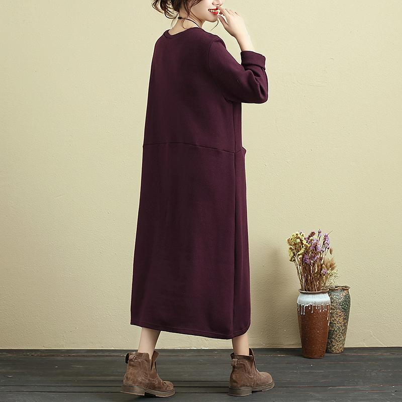 Women Long Sleeve Pockets Wine Red Casual Dress