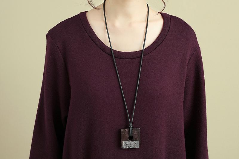 Women Long Sleeve Pockets Wine Red Casual Dress