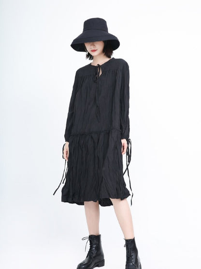 Loose Solid Pleated Lace Up Dress