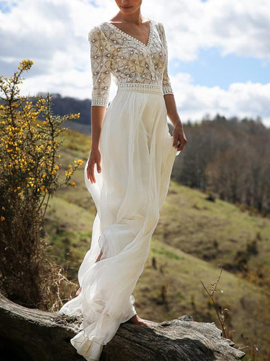 Classical White Lace V-Neck Half Sleeve Maxi Dress