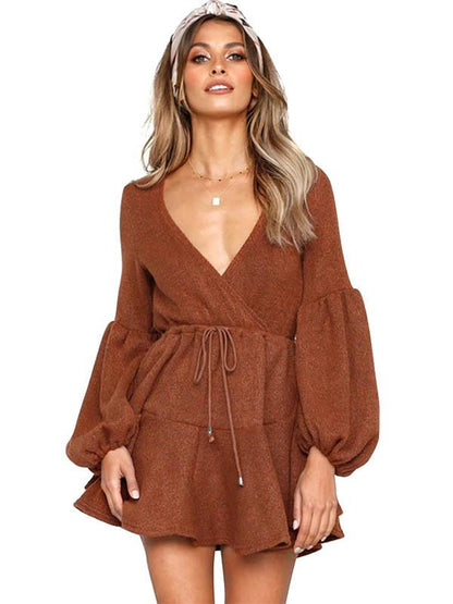 Deep V-neck Bandage Puff Sleeves Mini Dress