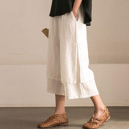 Irregular Cotton Women Linen Loose White Wide Leg Pants
