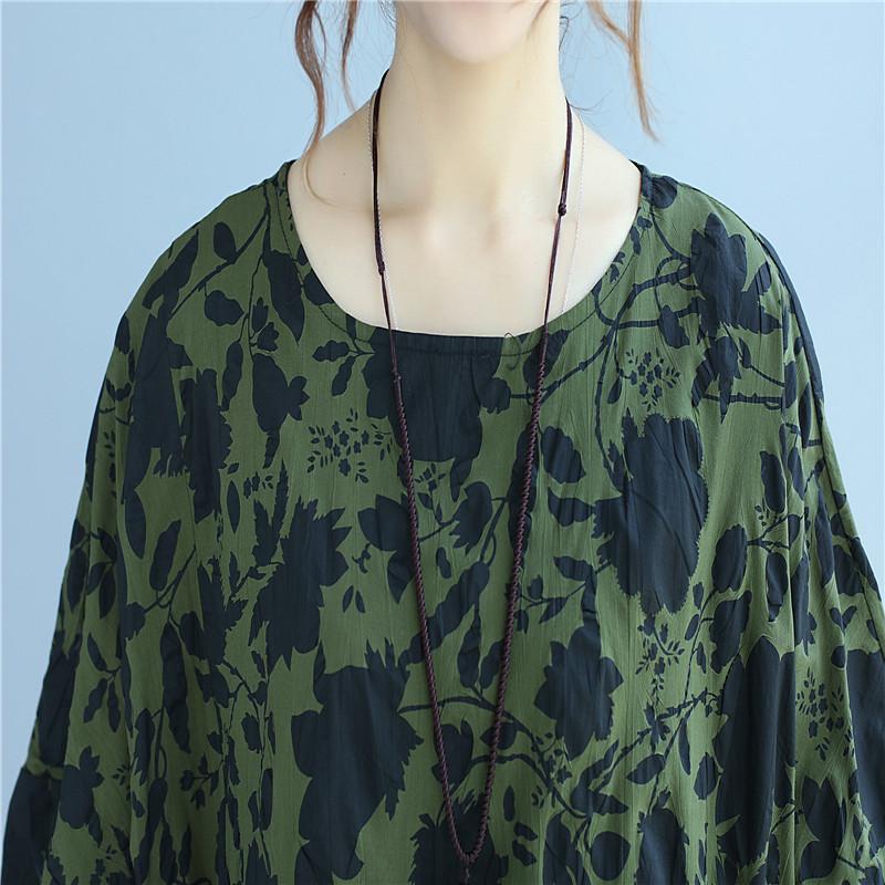 Cotton Printing Loose Summer Short Sleeves Women Green Dress
