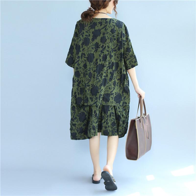 Cotton Printing Loose Summer Short Sleeves Women Green Dress