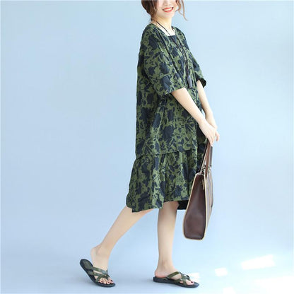 Cotton Printing Loose Summer Short Sleeves Women Green Dress