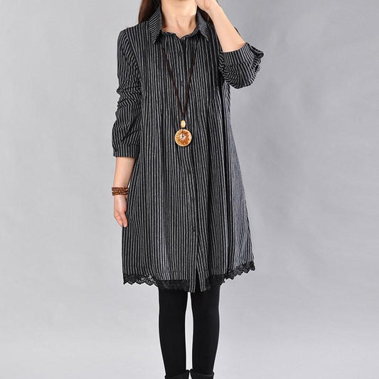 Loose Cotton Printing Lace Hem Black Dress