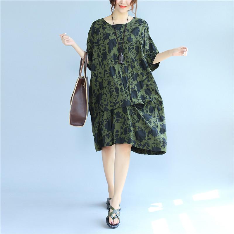 Cotton Printing Loose Summer Short Sleeves Women Green Dress