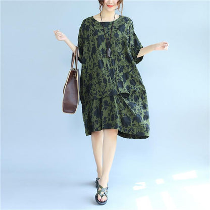 Cotton Printing Loose Summer Short Sleeves Women Green Dress