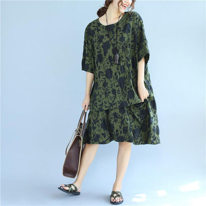 Cotton Printing Loose Summer Short Sleeves Women Green Dress