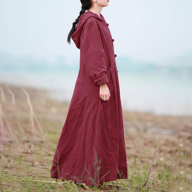 Retro Ethnic Frogs Long Sleeves Wine Red Autumn Winter Women Hoody Coat
