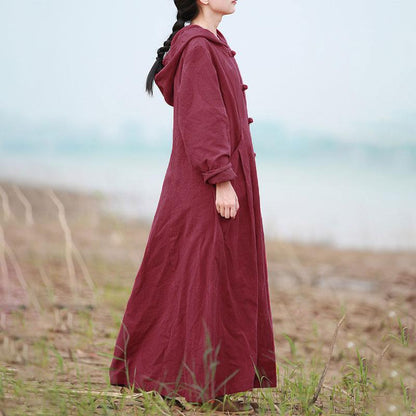 Retro Ethnic Frogs Long Sleeves Wine Red Autumn Winter Women Hoody Coat
