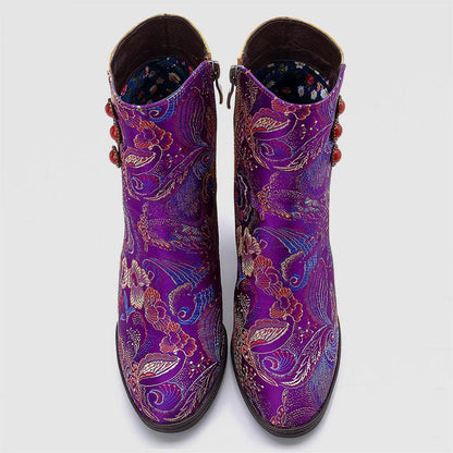 Retro Vintage Printed Leather Block High Heels Ankle Boots