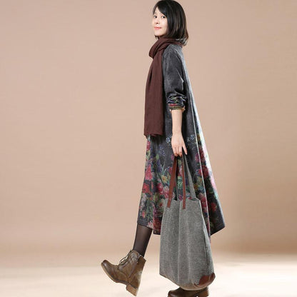 Women Print Casual Loose Round Neck Long Sleeve Dress