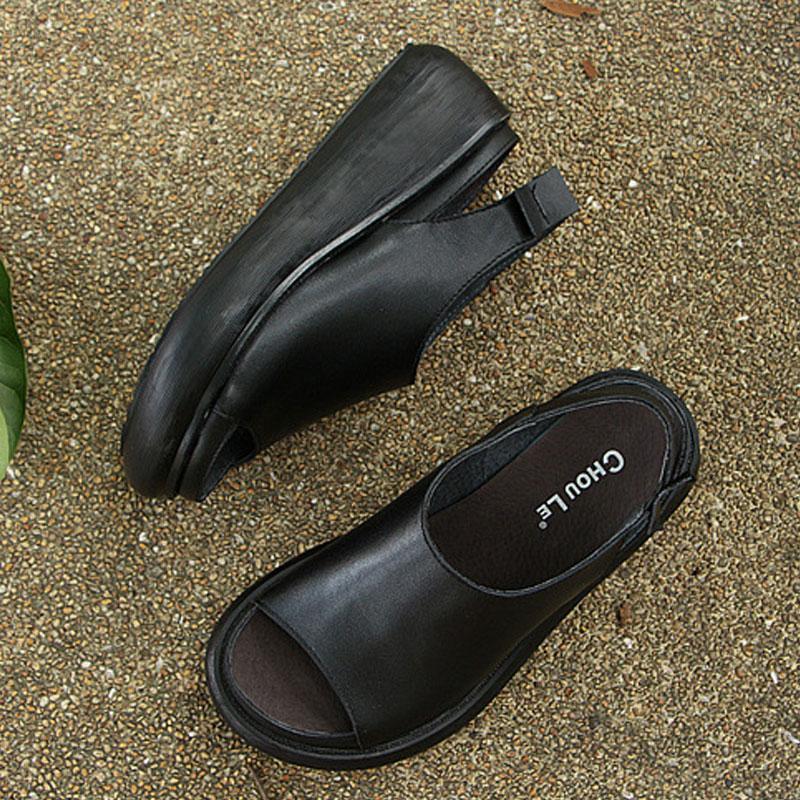 Summer Casual Cow Leather Shoes Black Wedge Heel Sandals