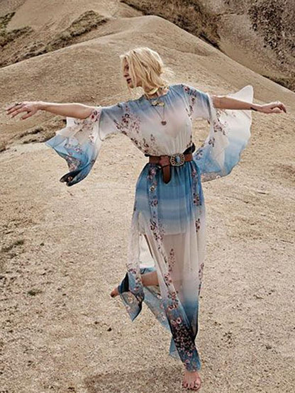 Gradient Flared Sleeves Maxi Dress