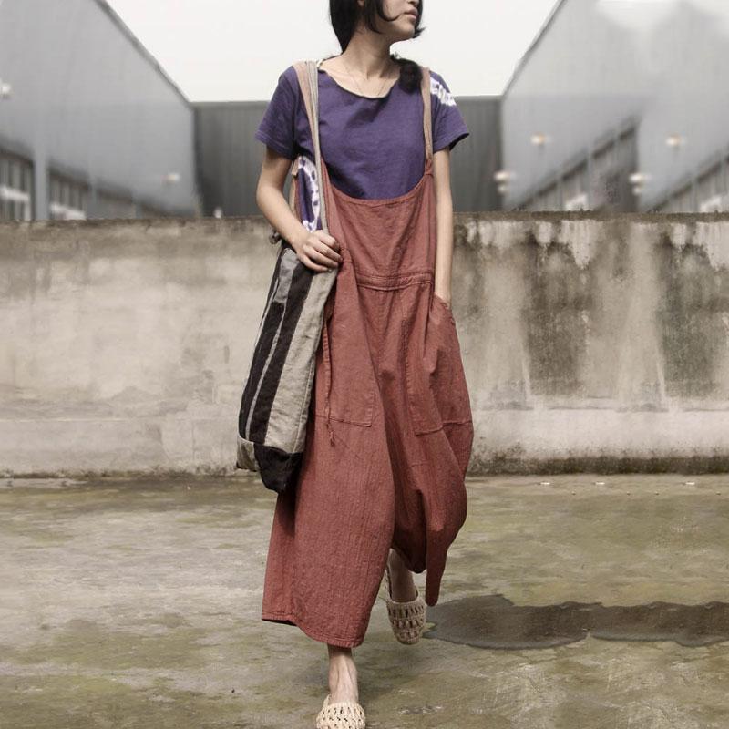 Retro Women Rompers Loose Flax Cotton Jumpsuit