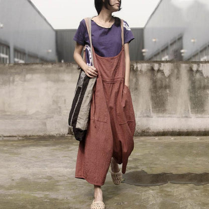 Retro Women Rompers Loose Flax Cotton Jumpsuit