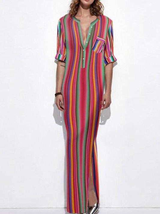 Colorful Striped V-neck Maxi Shirtdress