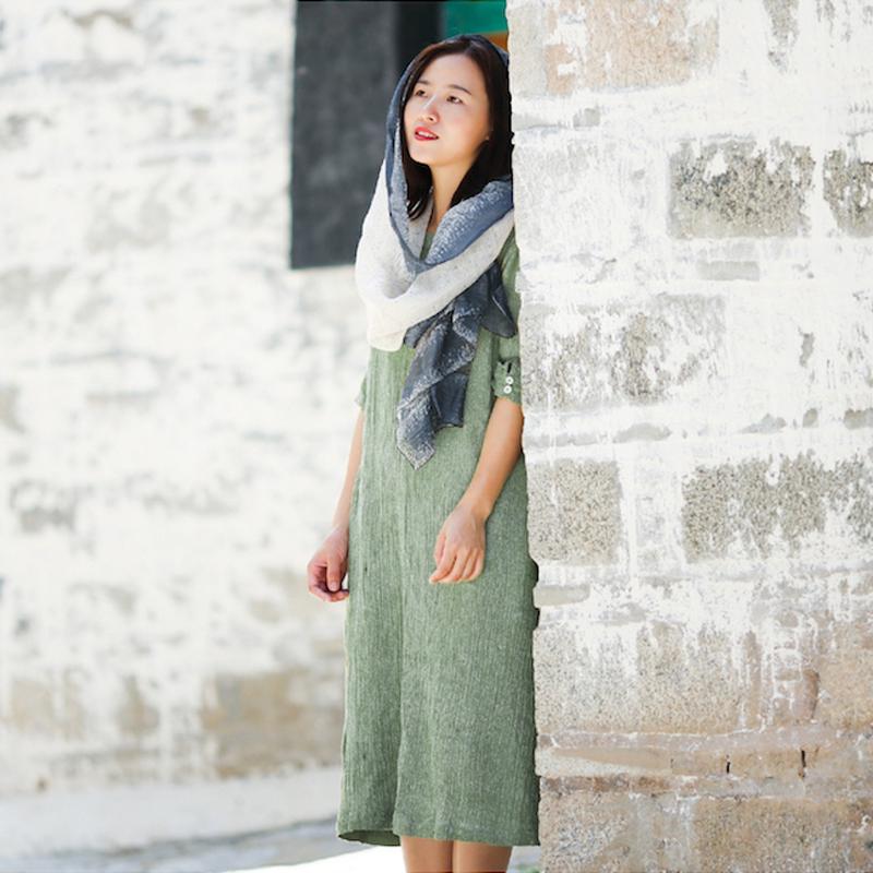 Round Neck Half Sleeve Women Summer Loose Green Pleated Dress