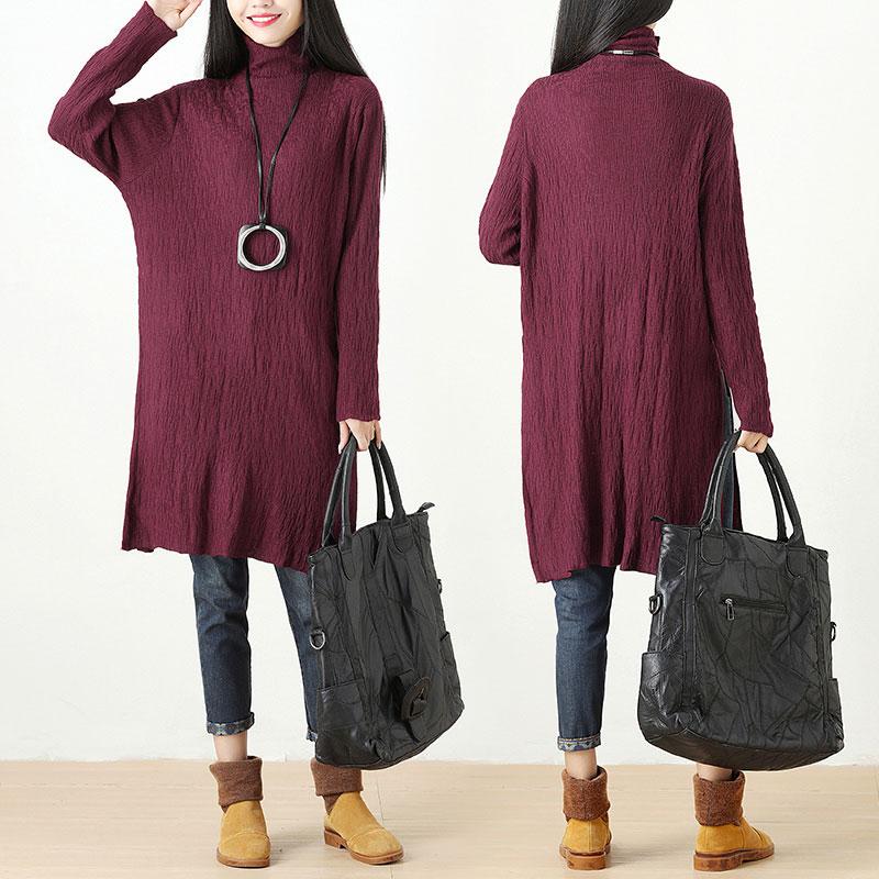 Women Autumn Winter Turtle Neck Long Sleeve Red Dress
