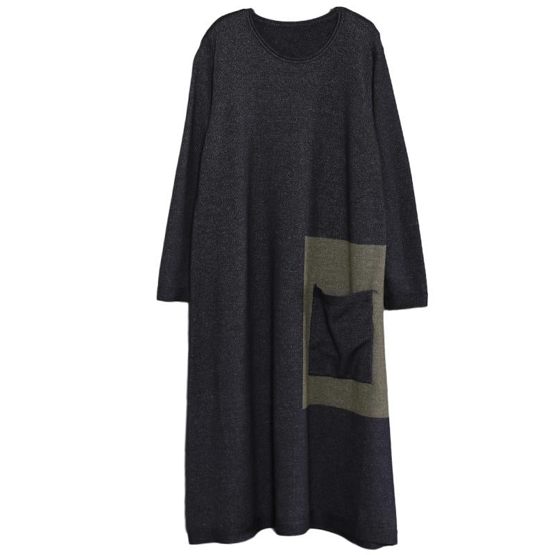 Loose Round Neck Long Knit Sweater Coffee and Black Dress
