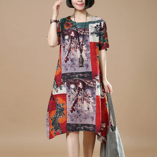 Summer Retro Printing Loose Red Dress