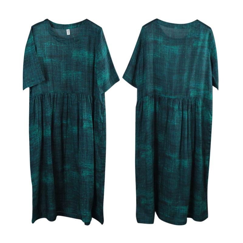 Women Ramie 1/2 Sleeve Printed Pleated Dark Green Dress