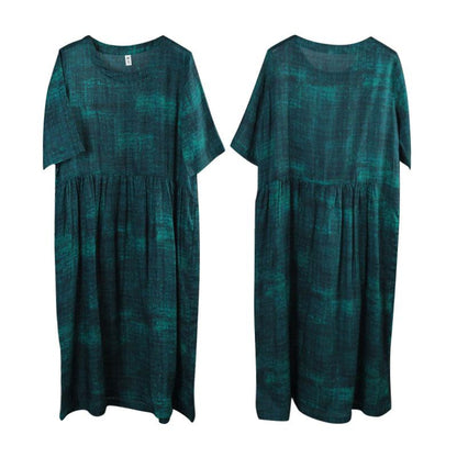 Women Ramie 1/2 Sleeve Printed Pleated Dark Green Dress