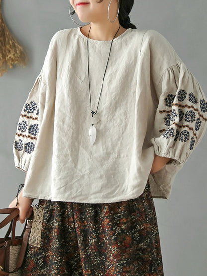 VINTAGE LOOSE NINE-POINT SLEEVE ROUND NECK EMBROIDERED T-SHIRT