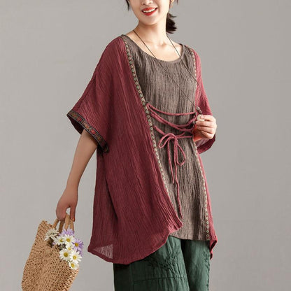 Loose Large Size Women Short Sleeve Splicing Tops