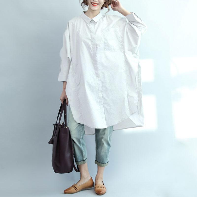 Irregular Literature Polo Collar Long Sleeves Cotton White Women Dress