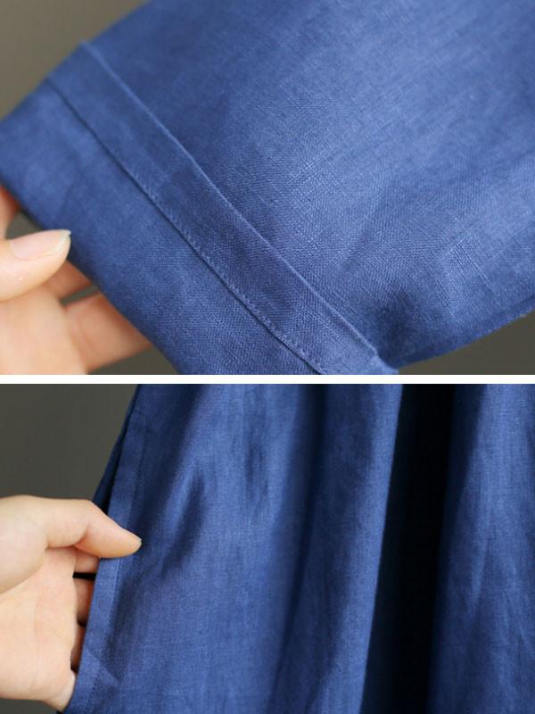 Linen Round Neck Loose High Waist Dark Blue Dress