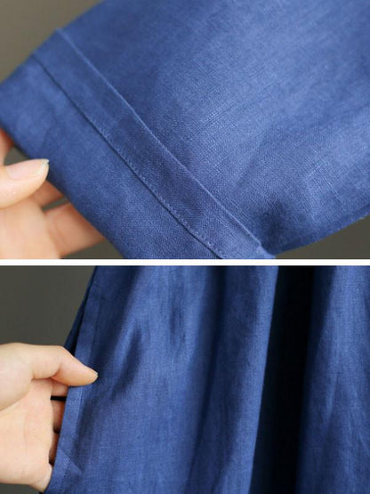 Linen Round Neck Loose High Waist Dark Blue Dress