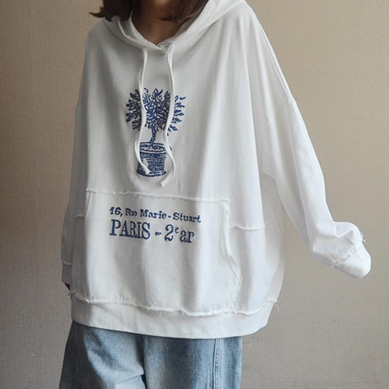 Plant Print Cotton Hooded Spring Sweatshirt